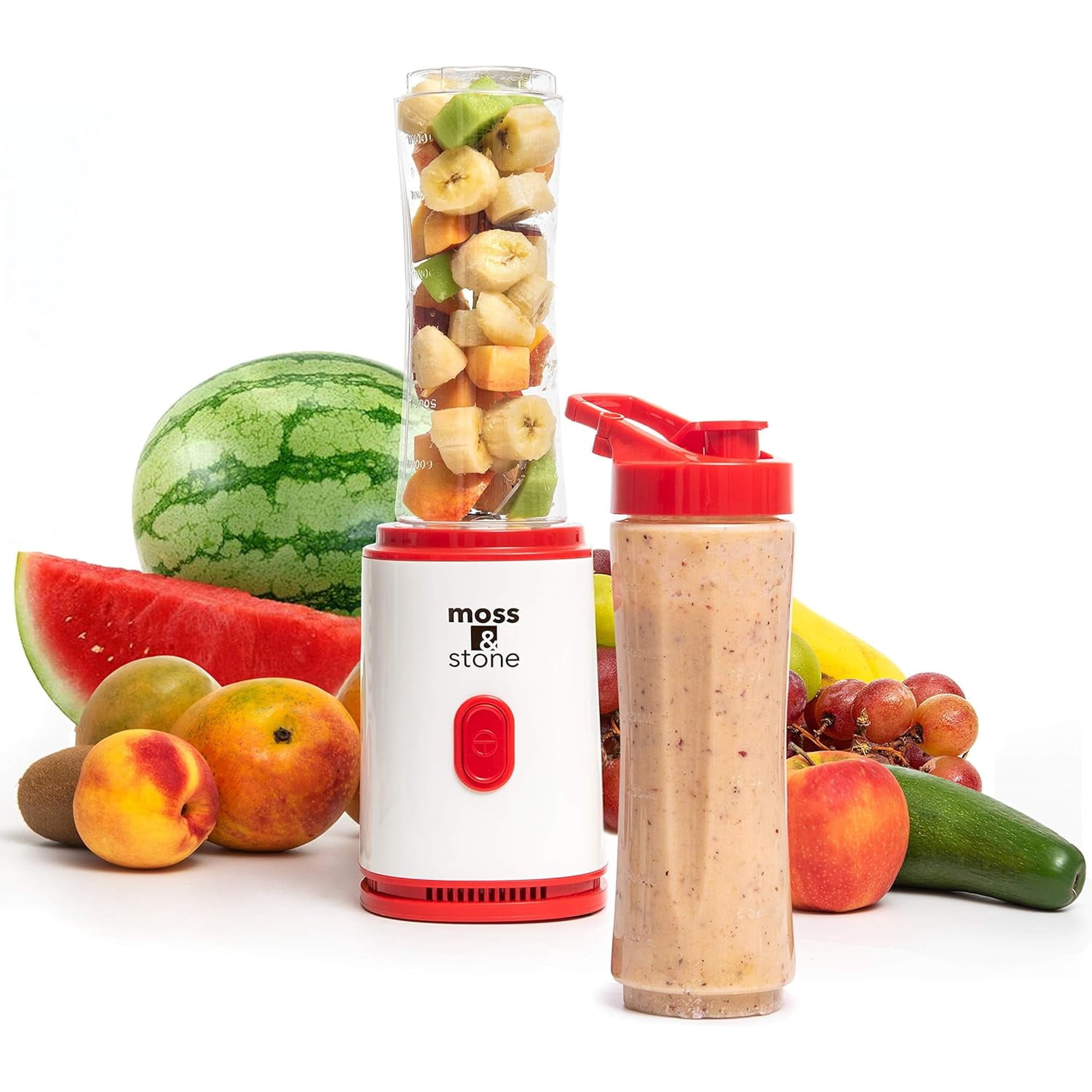 Moss & Stone Single Serve Blender, 400W Powerful Smoothie & Shake Maker, White & Red 20oz