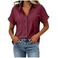 thumbnail image 3 of VBVC Women's Cotton Linen Button Down Blouse , Ladies' V Neck Short Sleeve Work Shirt , Summer Loose Fit Solid Tunic Top For Women, Wine , S-2XL, 3 of 8