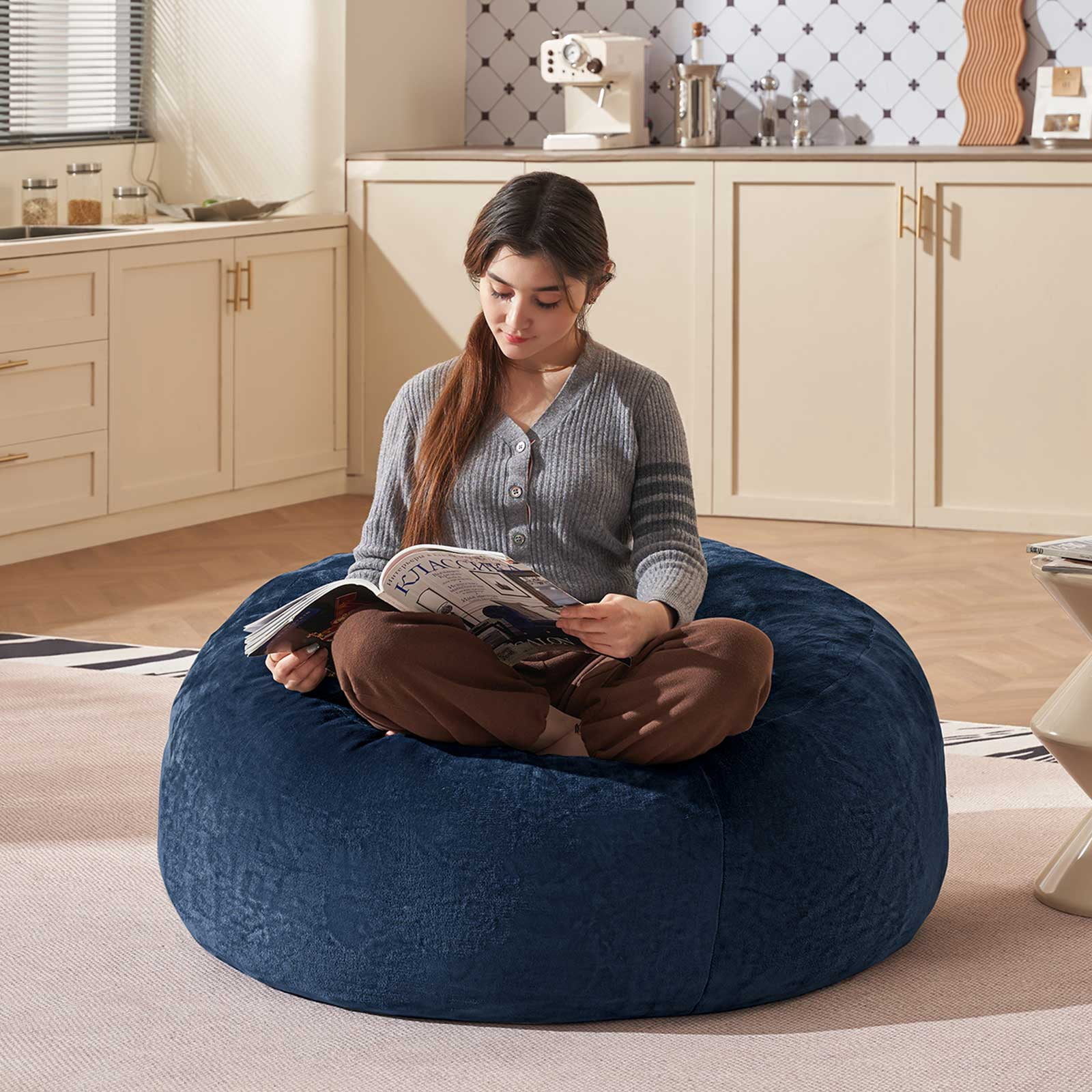 Bean Bag Chair 3FT,  Large Memory Foam Filled Chair for Adults and Teens, Soft Sofa with Removable Flannel Cover, Round Couch for Living Room Bedroom College Dorm