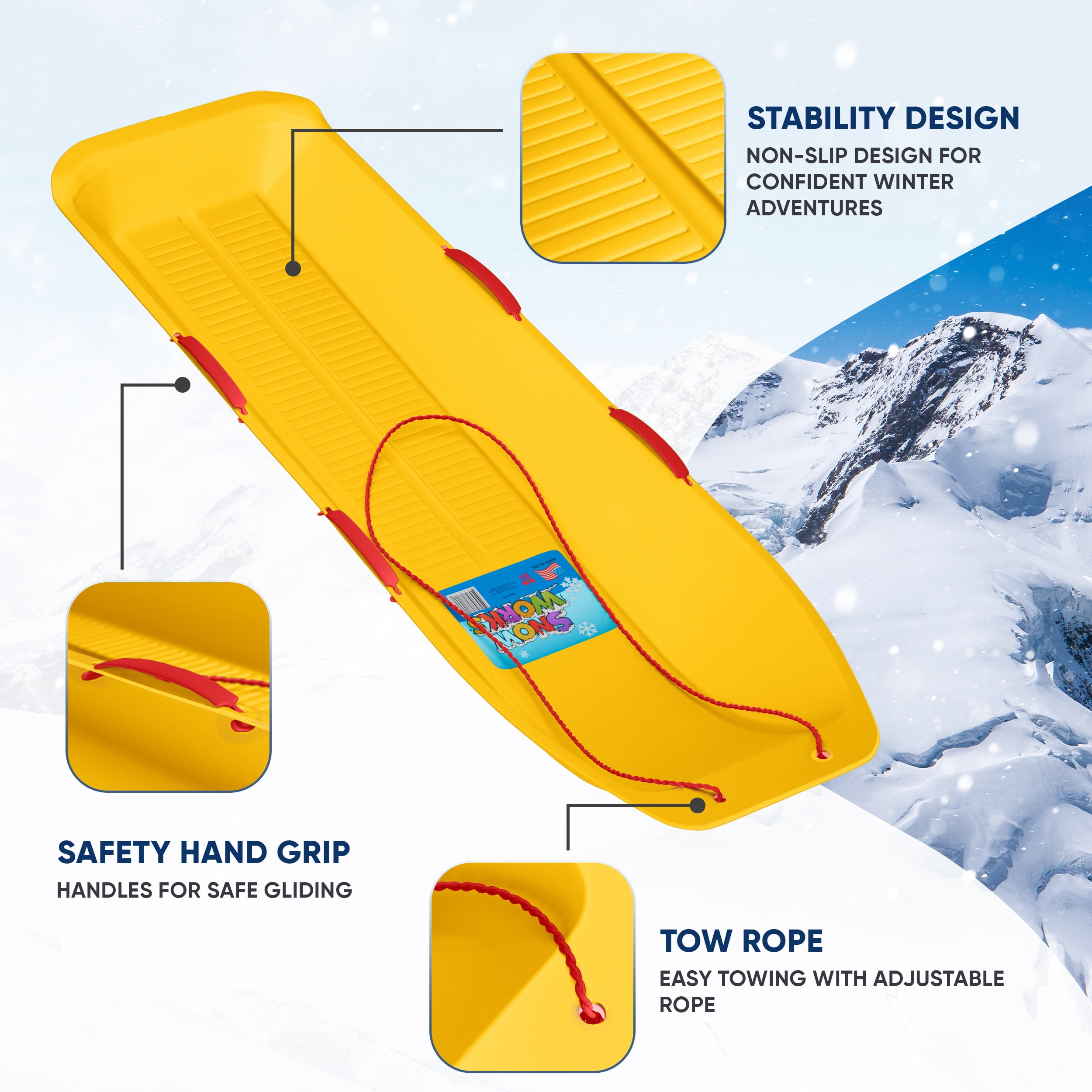 Snow Works LIFETIME 47.5" High-Density Toboggan Snow Sled for Kids and Adults (Yellow, 1 Pack)