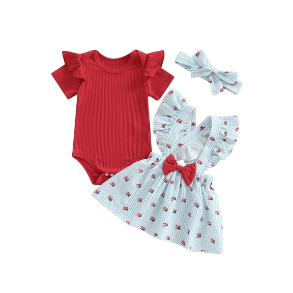 CocMouse Baby Girl 4th of July Outfit Ruffled Romper Dress Headband 3 Pcs Set