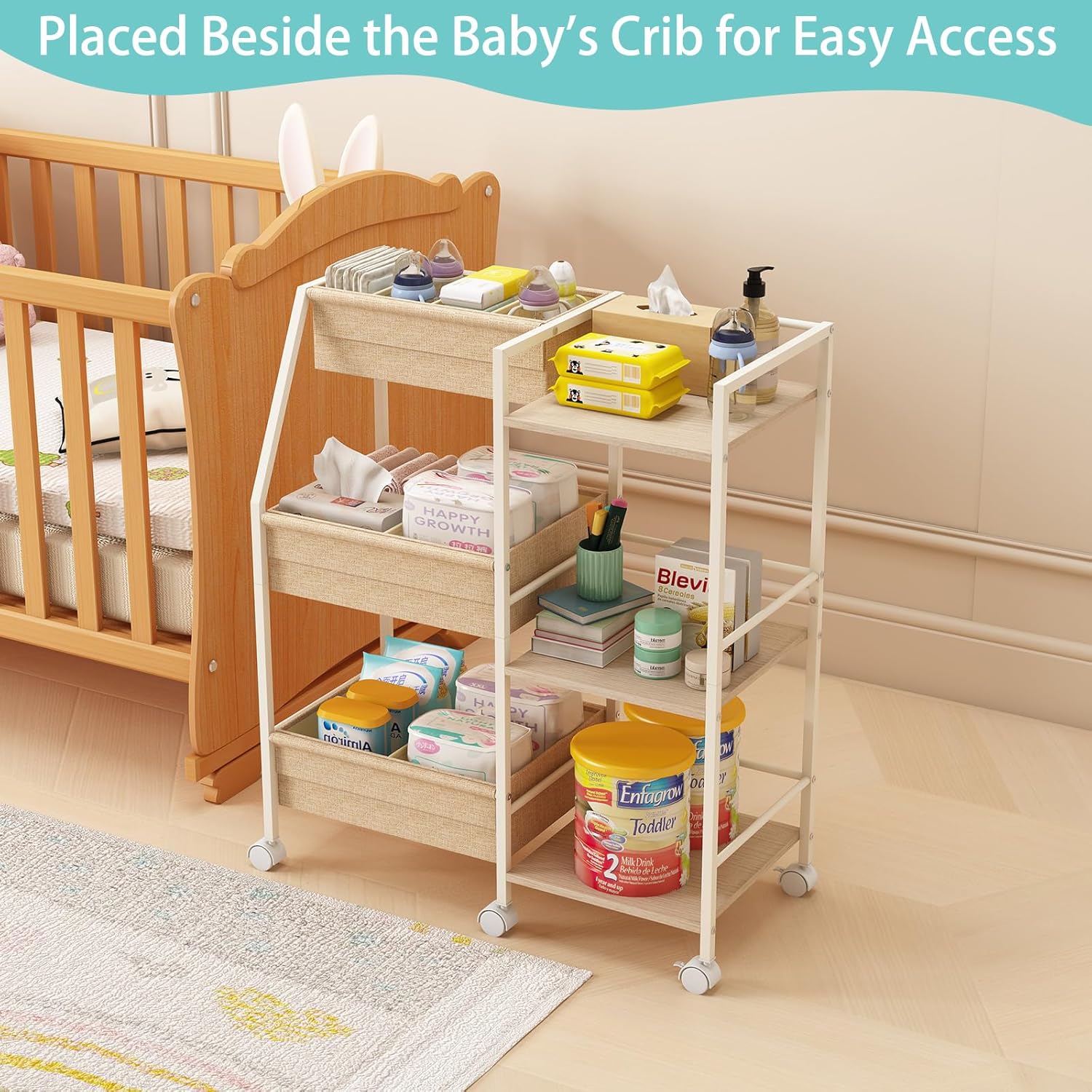 Baby Diaper Caddy Organizer Cart, 3-Tier Rolling Storage with Dividers and Shelves for Nursery Essentials