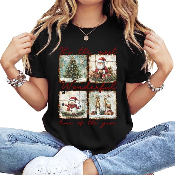 Women's Long Sleeve T-Shirt, "Most Wonderful Time" Christmas Print, Black Casual Holiday Graphic Top