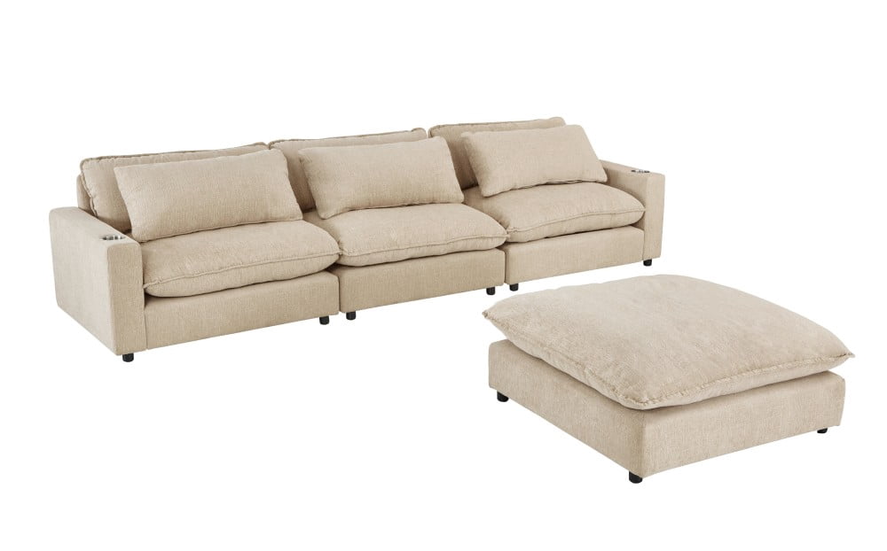 Aukfa 128" Modular Sectional Sofa with Cup Holders, Chenille L Shaped Couch with Convertible Chaise, Beige