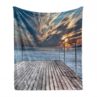 Travel Soft Flannel Fleece Throw Blanket, Ocean Sea View Terrace Balcony During Sunset Dawn Image Print, Cozy Plush for Indoor and Outdoor Use, 50" x 60", Pale Brown Sky Blue, by Ambesonne