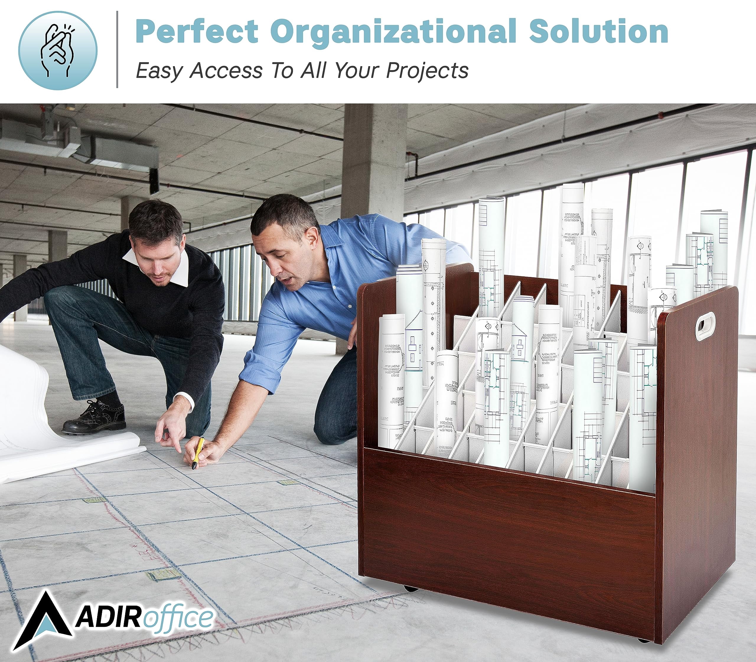 AdirOffice Blue Print Storage Organizer- Mobile Roll File Cart, Construction Plan Holders, Blueprint Cabinet with Wheels (50 Slots, Mahogany)