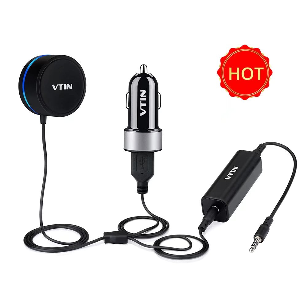 Vtin Bluetooth 4.0 Hands-Free Car Kit Wireless Car Stereo Audio Music Receiver with 3.5 mm Aux Input Jack & Rotatable Audio Control Knob Adjustment, Built-in Mic, Dual Port USB Car Charger