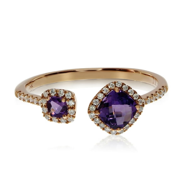 14k Rose Gold Offset Cushion Amethyst and Diamond Ring