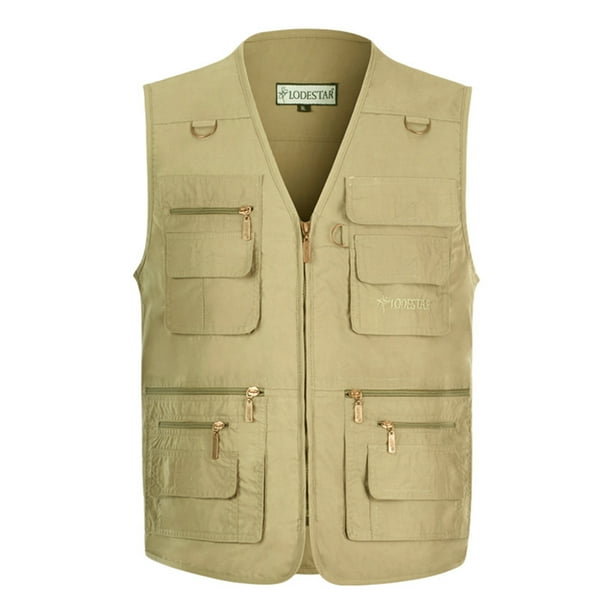 MAWCLOS Mens Cargo Vest Solid Color Waistcoat Multi Pockets Jacket Casual  Work Sleeveless Fishing Vests Beige 2XL 