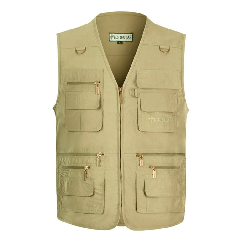 Avamo Men Plus Size Waistcoat Sleeveless V Neck Fashion Jacket Fishing  Hiking Outdoor Cargo Vest with Multi Pockets Beige 2XL