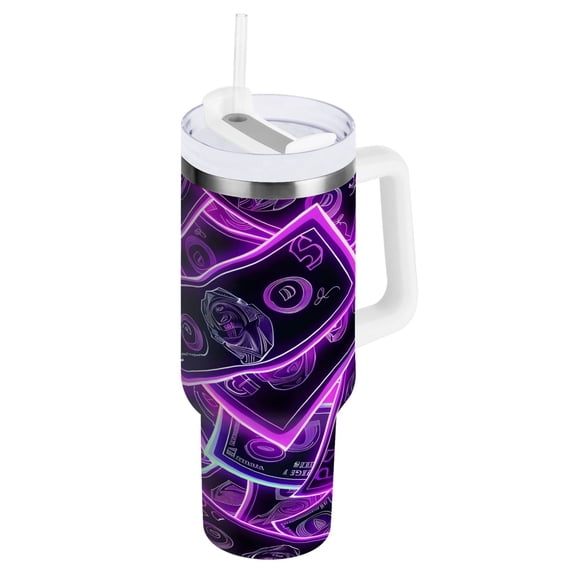 Neon Dollar Bills Tumbler with Handle and Straw Lid 40 oz Insulated Vacuum Water Bottle Stainless Steel Travel Cup