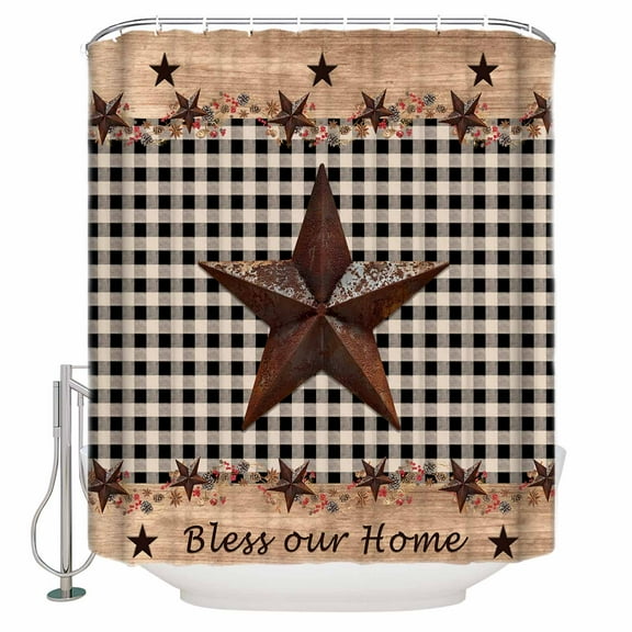Extra Long Shower Curtain 72x84 Inch, Texas Star Plaid Shower Curtain Waterproof Bathroom Decor Farmhouse Black Brown Texas Vintage Fabric Bath Curtain Set Accessories with Hooks