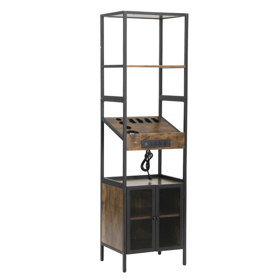Spaco Salon Storage Cabinet with Open Shelves and Hair Dryer Holders, Vintage Brown,