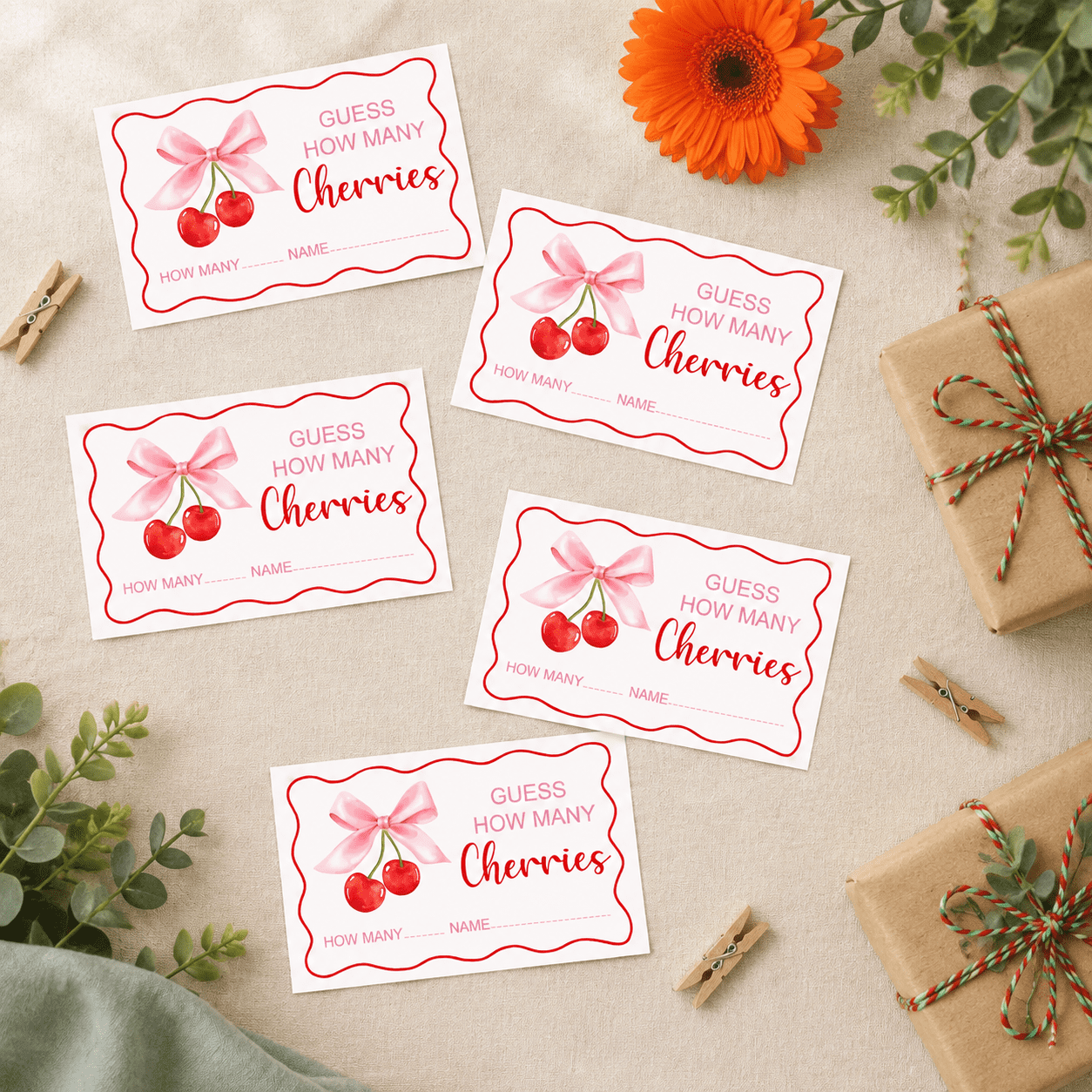 Red Guess How Many Cherries Party Game with 1 Sign and 30 Guess Cards ...