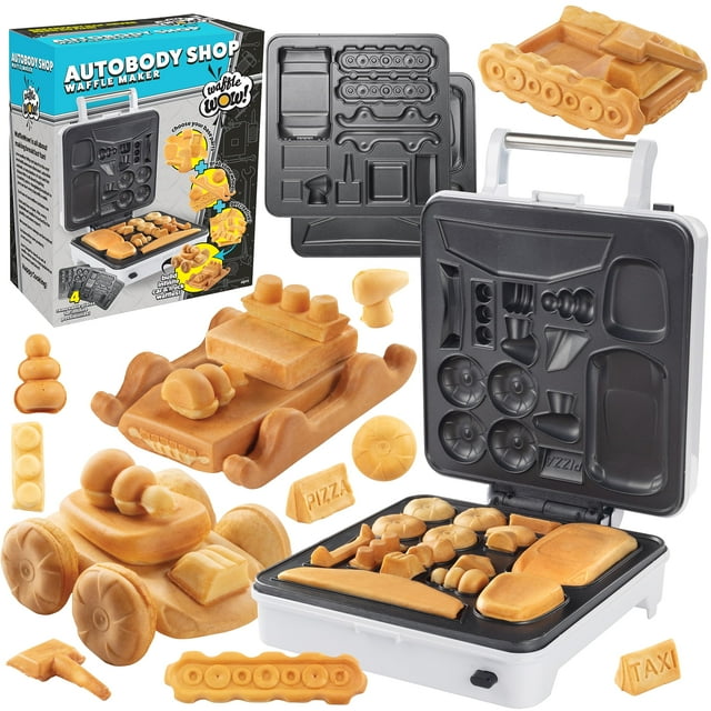Waffle Wow Auto Body Shop Waffle Maker: ¡Haga Autos, Camiones O Vehículos con Formas Personalizadas con WAFFLES! Mezcla y Combina Ruedas y Motor para el Desayuno de los Niños, Antiadherente con 4 Plat