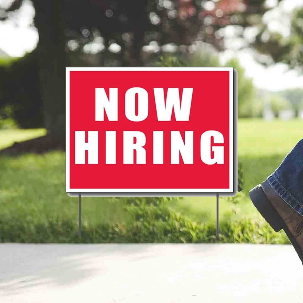 Now Hiring Outdoor Signs, 18 inches X 24 inches, Set of 4, 12449, Includes Stakes, Yard Sign Outdoor Lawn Decorations