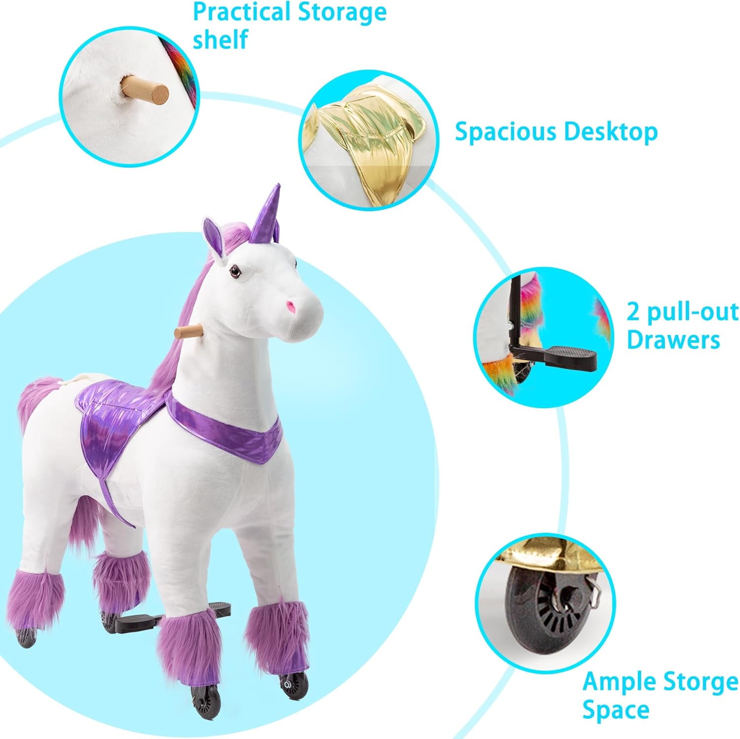 Ride on Unicorn, Cuoote Ride on Toys with Mechanical Walking Action, Plush Animal Rider for Girls 7 to Adult, No Battery Needed, Max Load 187 LBS