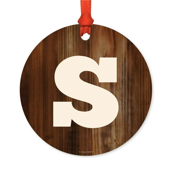 Metal Christmas Ornament, Monogram Letter S, Rustic Wood, Includes Ribbon and Gift Bag