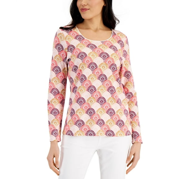 Karen Scott Womens Catalina Printed Top Bright White M