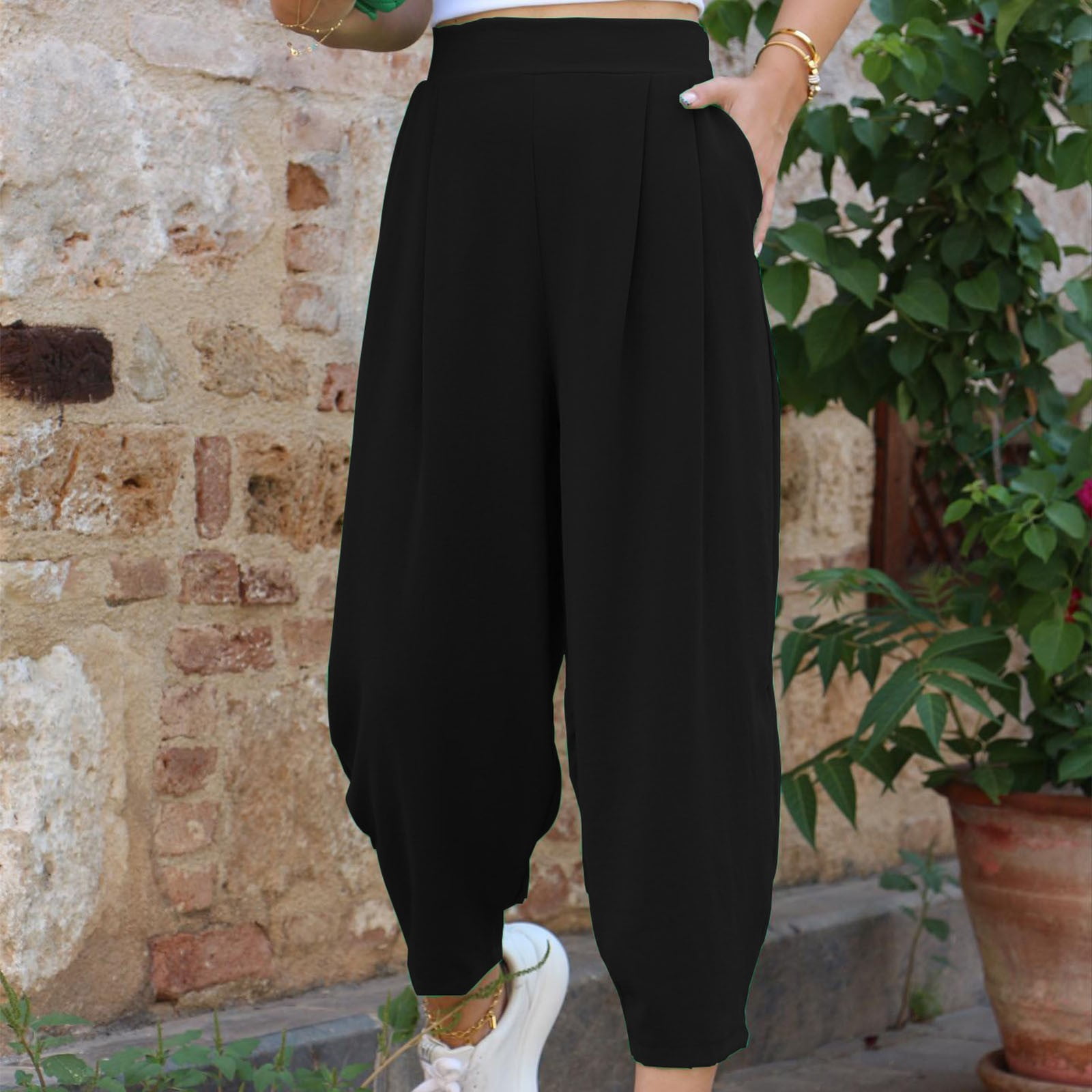 FAIWAD Woman Summer Solid Color Cropped Pants High Waist Daily Beach Trousers Casual Loose Boho Tapered Pant