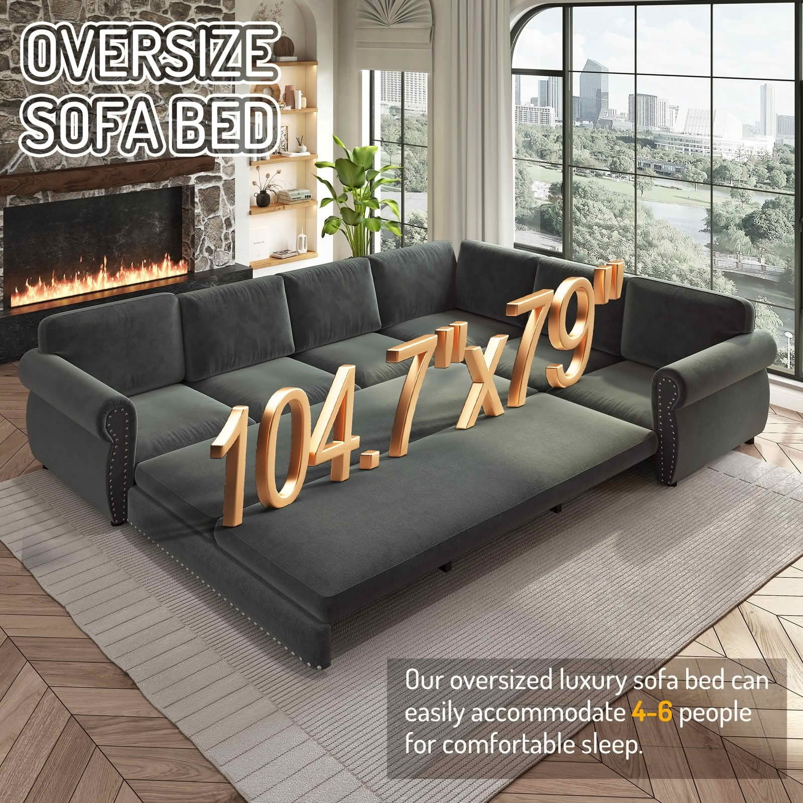 MAYEERTY 118" L‑Shaped Convertible Pull‑Out Sofa Bed, Chenille Sectional Couch with Nailhead Trim & Rolled Arms, Oversized Multifunctional Sleeper Sofa