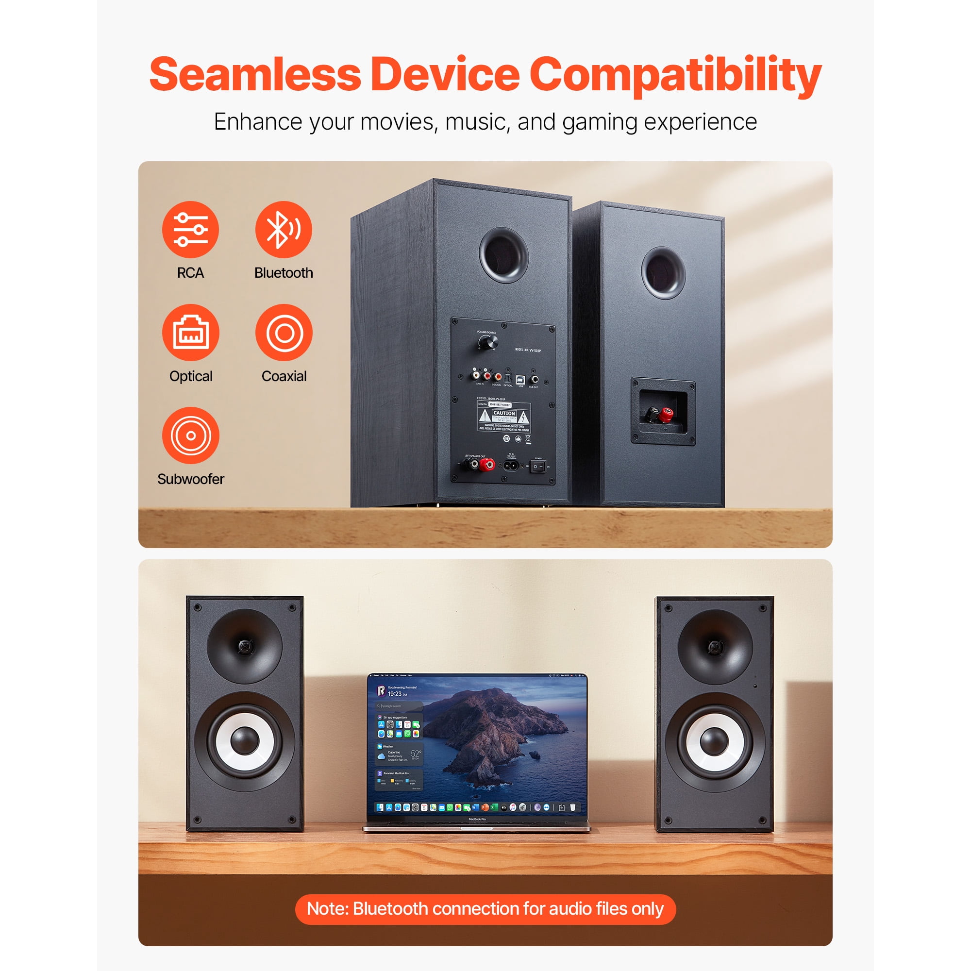 KFFKFF Powered Bookshelf Speakers, 25W x 2, Active Studio Monitor with 5.5-Inch Woofer, Multiple Connectivity Options Including Bluetooth/RCA/Coaxial/Optical/USB/Subwoofer, Wooden Cabinet Design