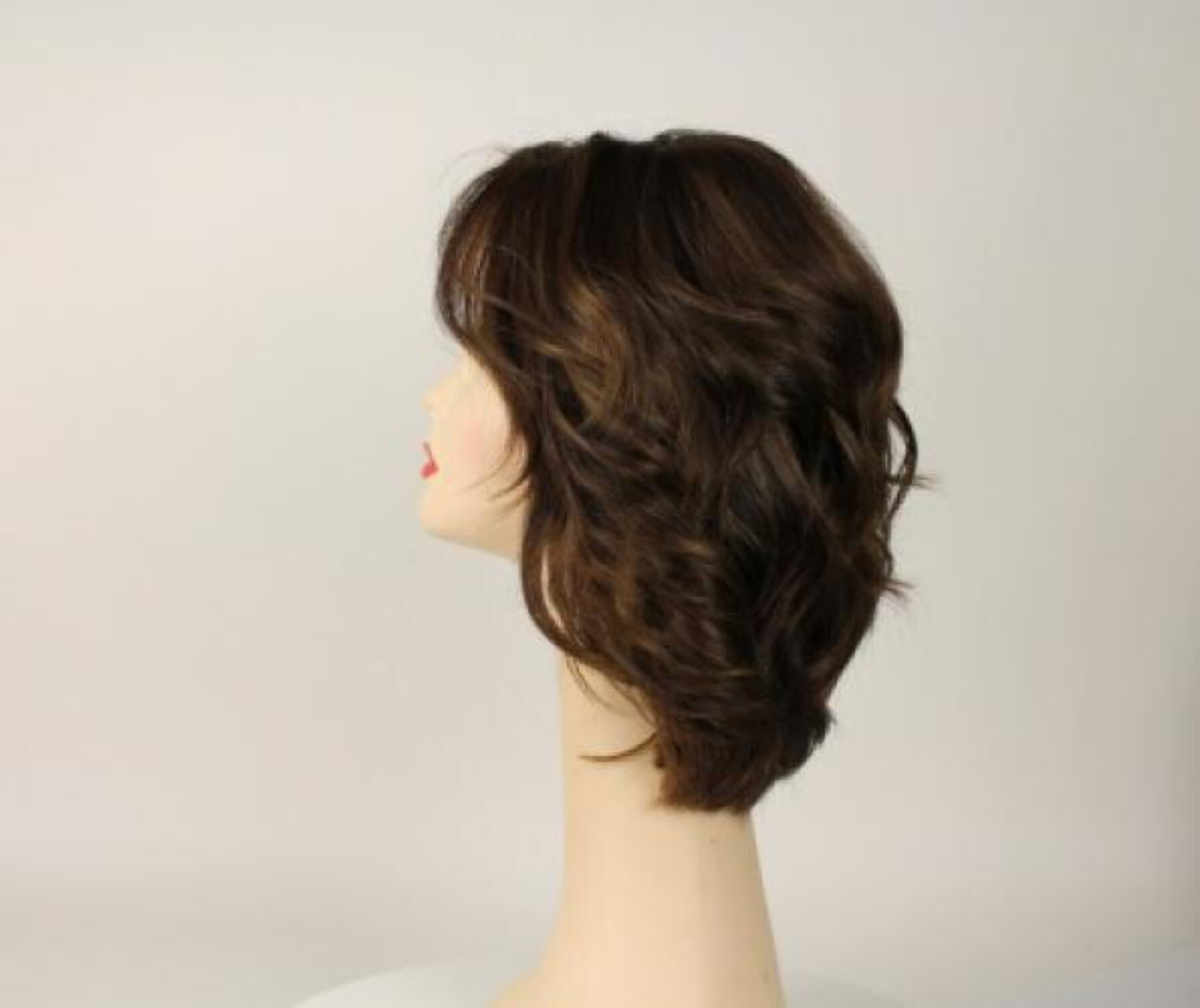 European Human Hair Freeda Wig Regina Medium Brown With Blonde Highlights Multi-Directional Skin Top Size M
