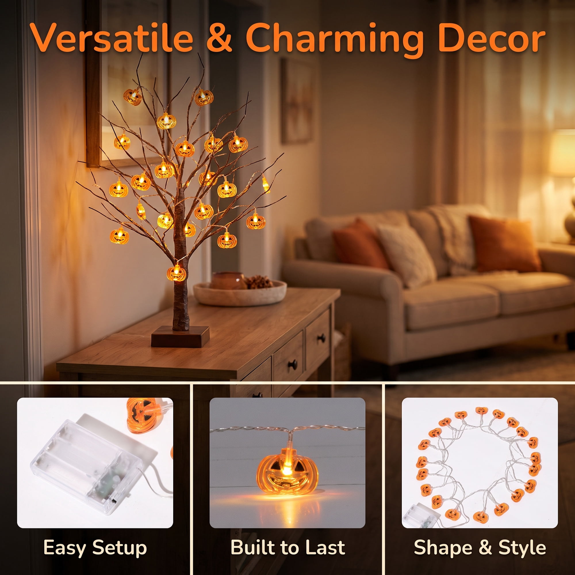 Unique Bargains Jack-O'-Lantern Fairy Twinkle Lights 9.8 ft Flat Pumpkin Battery Operated