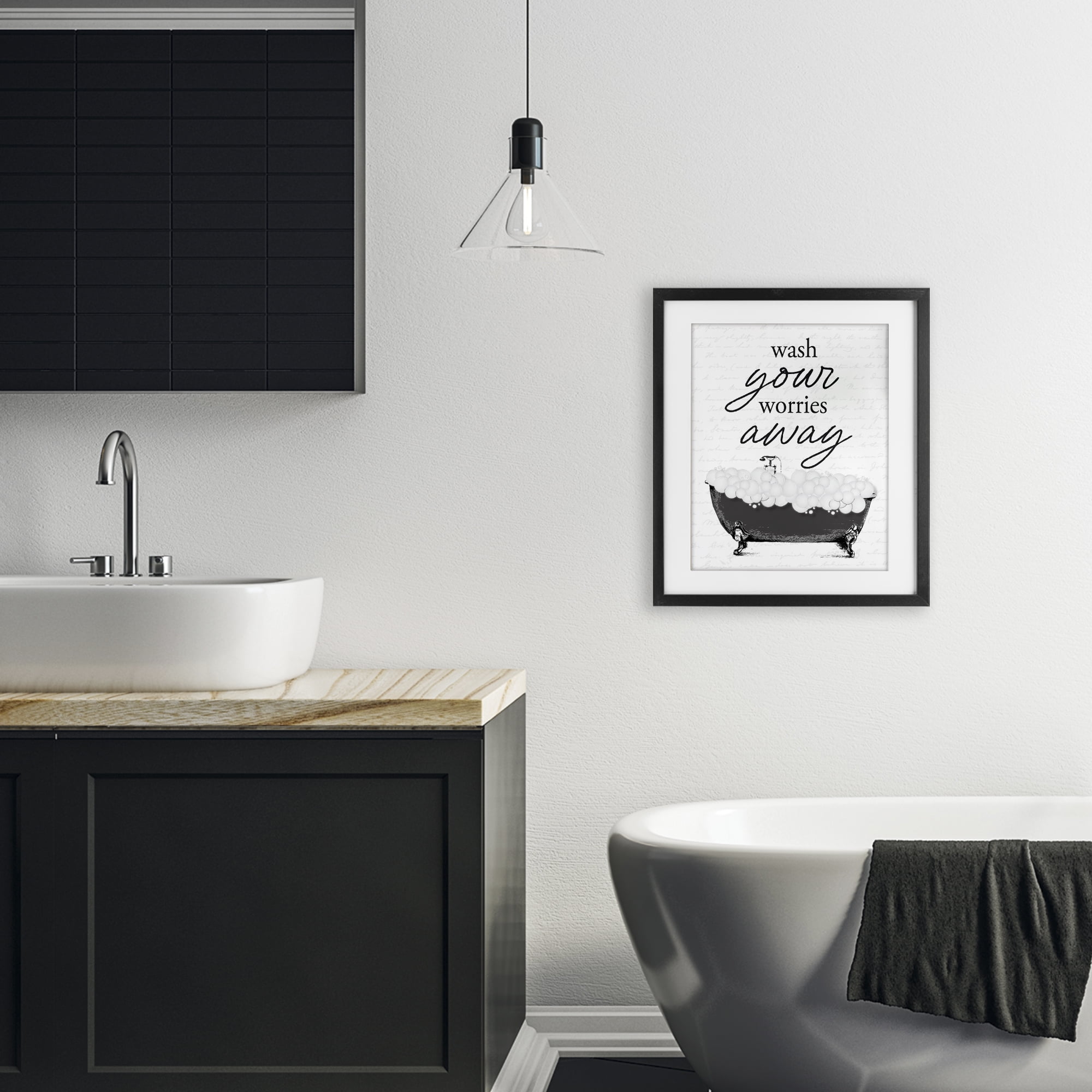 Bubble Bath Wash Worries Black Framed Print Under Glass, design by Lettered and Lined