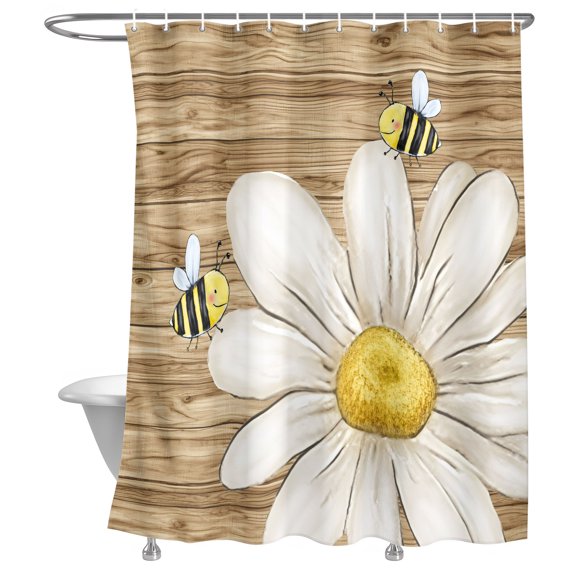 White Daisy Honeybees Shower Curtain, Farmhouse Floral Rustic Wood Stripes Lightweight Waterproof Fabric Shower Curtain with Rustproof Grommets for Bathroom Bathtub 60x72in