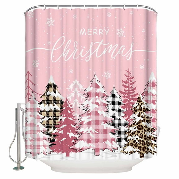 Small Stall Shower Curtain 36x72 Inch Narrow Half Size Pink Christmas Tree Bath Curtains Bathroom Decor Winter Xmas Tree Snowflake Waterproof Fabric Shower Curtain Set with Hooks 36 Inch