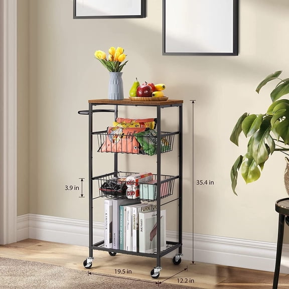 Kitchen Organizer Shelf Cart 4 Tier Metal Home Storage Cart w/ 2Pull-out Baskets