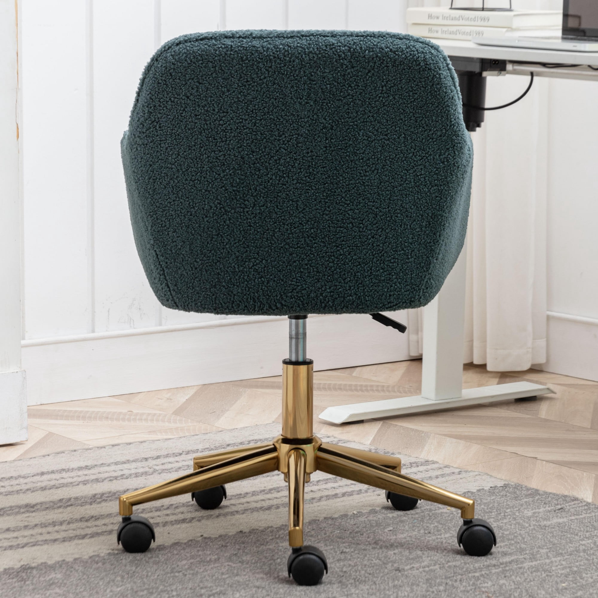 Green Office Chair,Swivel Home Office Chair with Wheels,Modern Teddy Vanity Task Computer Chair with Adjustable Height