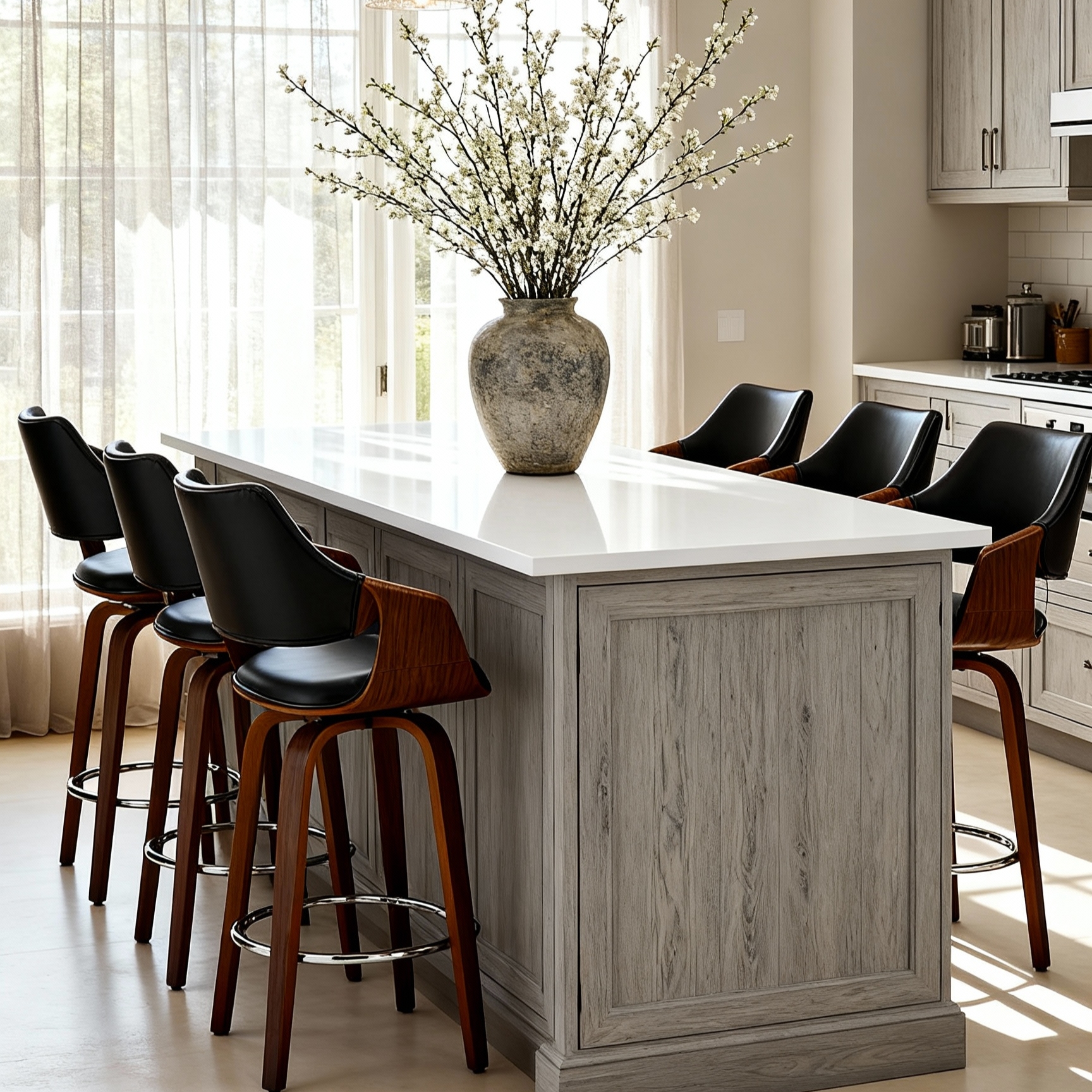 Guyou 26" Swivel Counter Stools Set of 2, Modern Barrel PU Kitchen Island Stools, Farmhouse Solid Wood Counter Height Barstools, Bar Height Island Chairs with Back and Wood Frame, Black