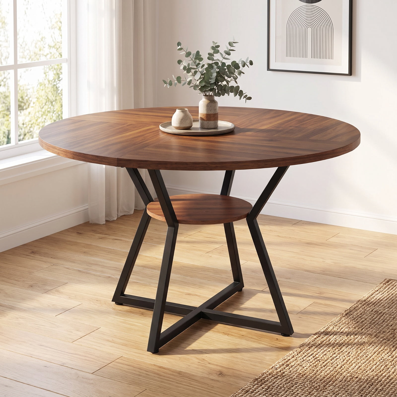 Furnibear 47 Inch Round Dining Table for 4 with Bottom Storage Shelf and Metal Frame