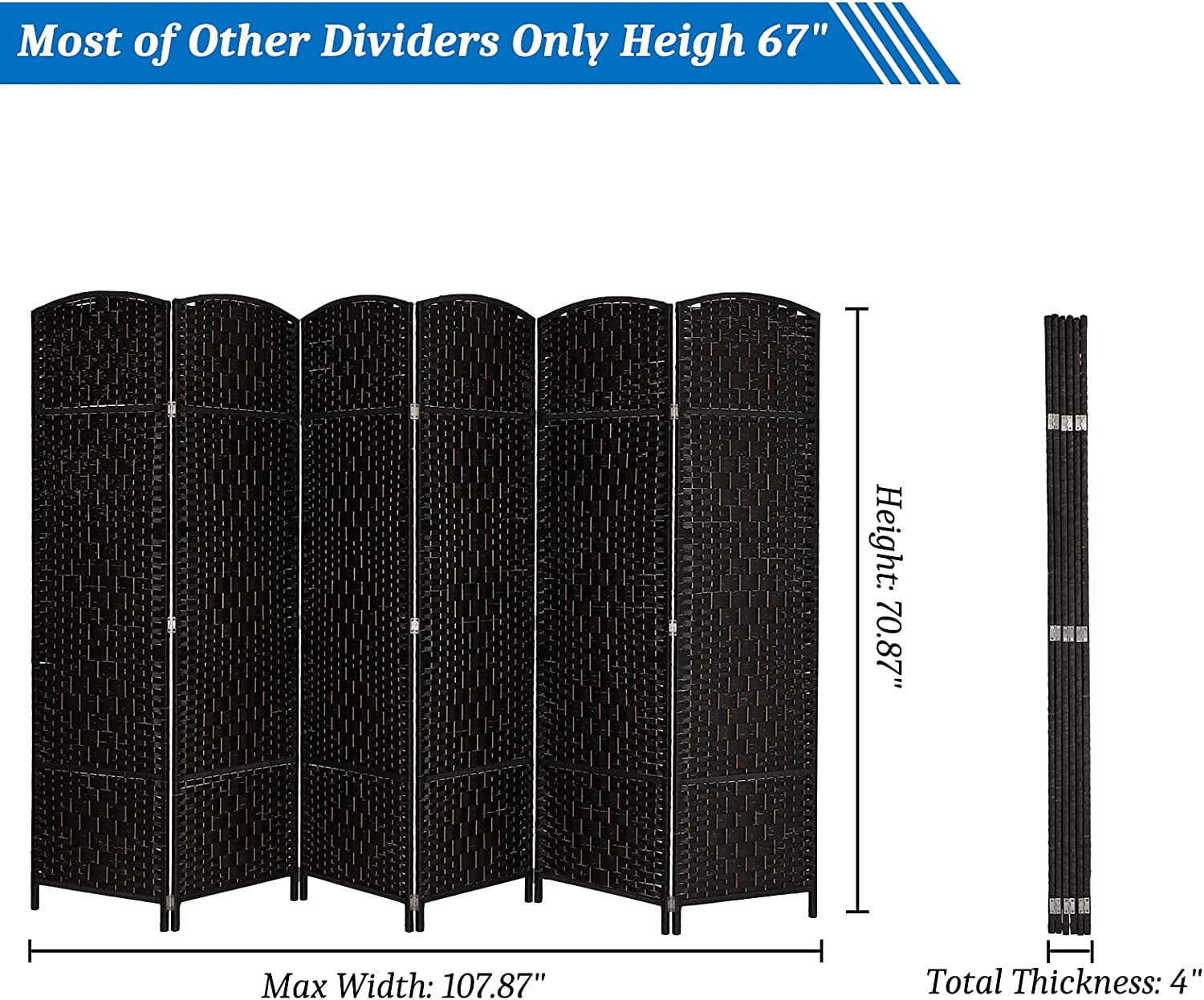 WBTER 6-Panels Tall Rattan Room Divider, 6 FT Folding Privacy Screen, Indoor Partition Wall Dividers, Freestanding Hinged Space Separator (Black)