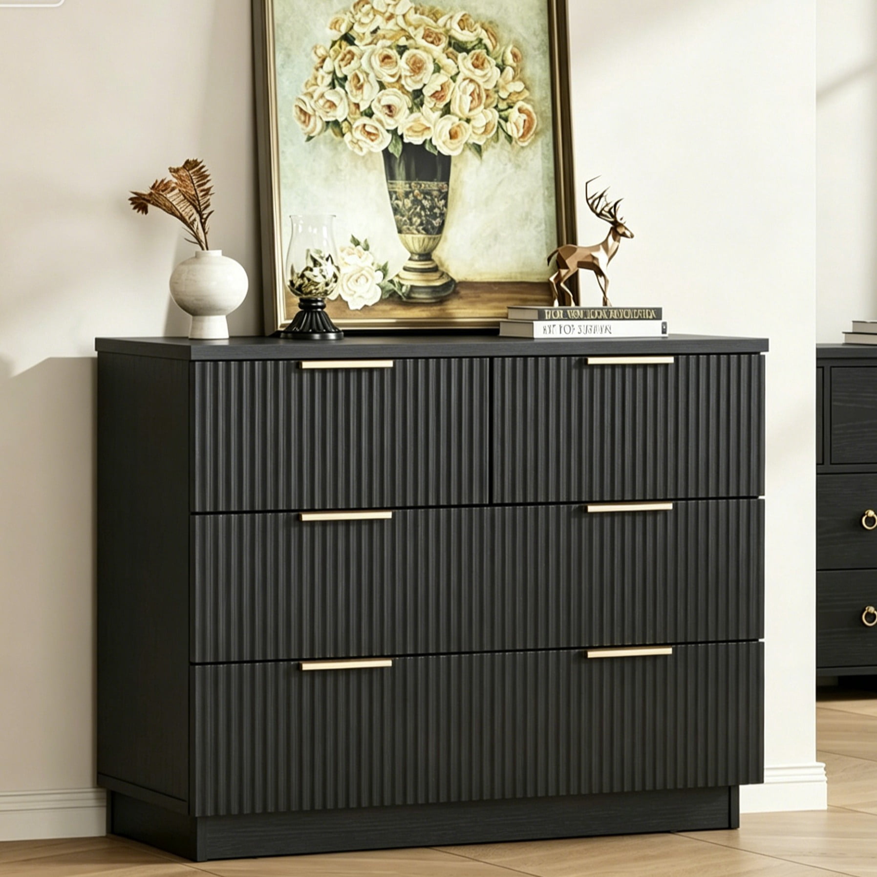 UBesGoo 4 Drawers Wood Dresser for Bedroom with Waveform Panel, Modern Chest for Living Room, Black