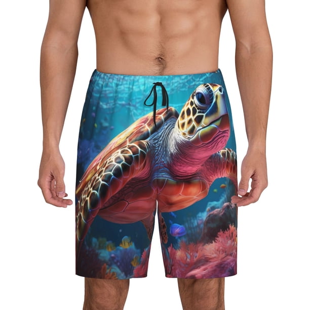 Balery Colorful Ocean Sea Turtle Pantalones cortos de pijama de punto de algodón para hombre con cinturilla y bolsillos-4X-Large