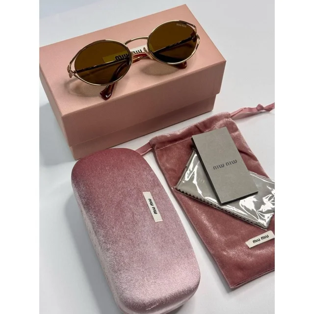 Miu Miu MU 52Y sunglasses with oval logo, gold frame, tan lenses, with case