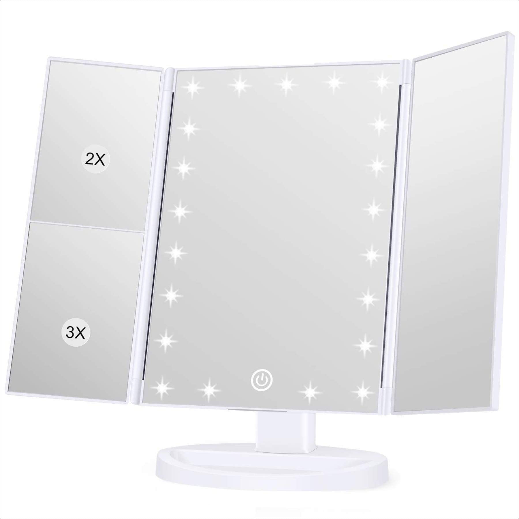 1X/2X/3X Magnification Tri-fold LED Illuminated Vanity Mirror Easehold Make up Mirror with Light Battery and USB Charging 180° Rotation Champagne Gold 