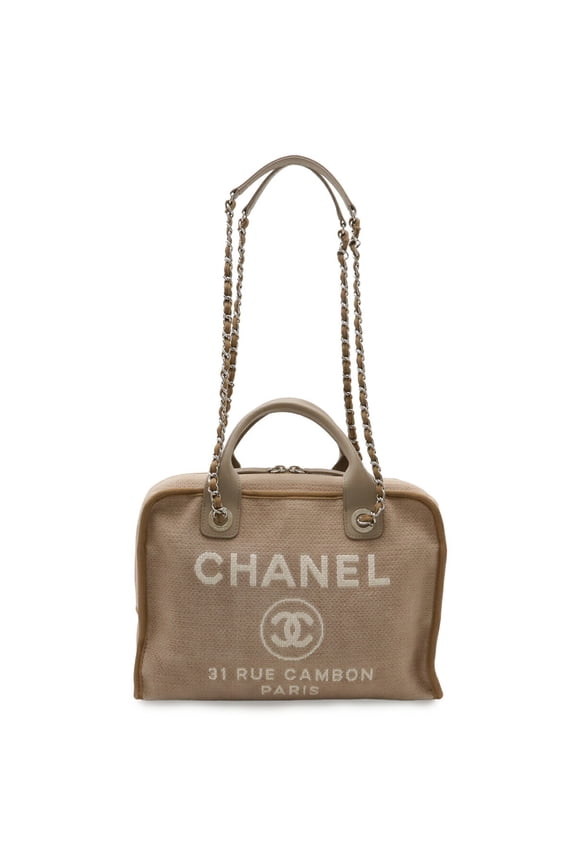 Pre-Owned CHANEL Deauville Bowling Bag, Handbag, Chain Shoulder Canvas, Brown Beige, A92749