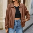 thumbnail image 2 of felwors Womens Faux Leather Jacket Casual Zip Up Motorcycle Long Sleeve Collared Fall Cropped Coats with Pockets Brown, S, 2 of 8