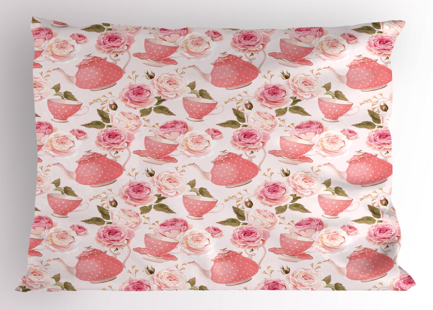 Floral Pillow Sham Vintage Style Tea Cups with Roses Romantic Shabby