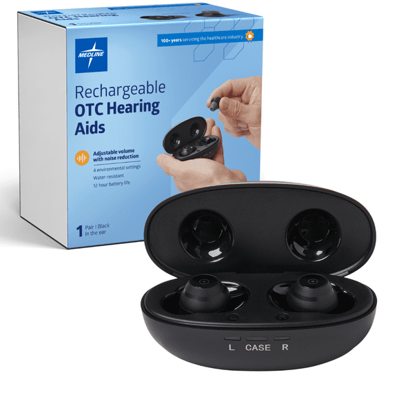 Medline Rechargeable OTC In-The-Ear Hearing Aid, Black, Adjustable Volume
