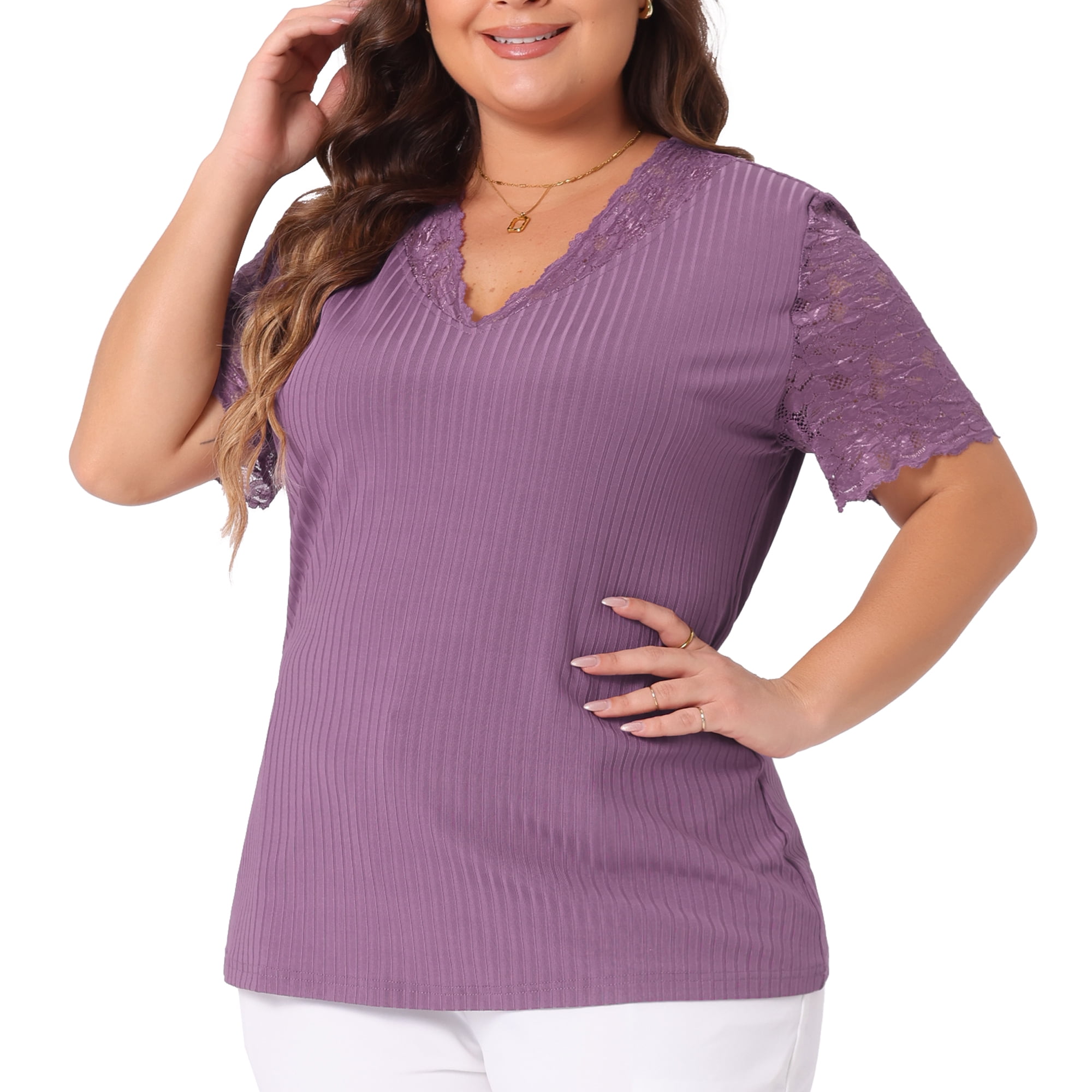 DARING DIVA Women's Plus V Neck Short Sleeve Lace Ribbed Knit Blouse 3X Purple