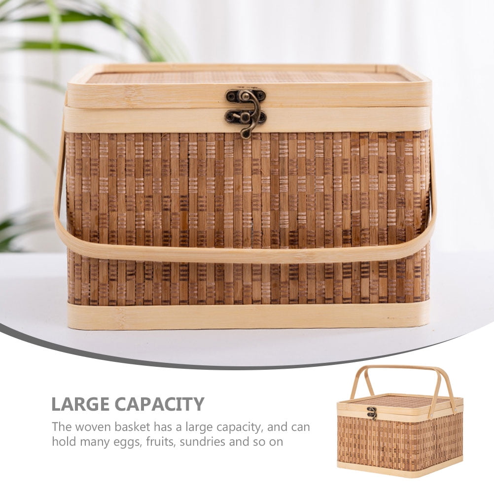Wicker Picnic Basket with Lid and Handle 28cm Natural Woven Woodchip Easter Candy Egg Storage Rattan Fruit Carrying Holder for Wedding Wine