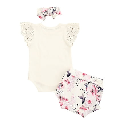 

Infant Newborn Baby Girl 3 Piece Outfit Clothes Set Lace Romper Shorts Headband