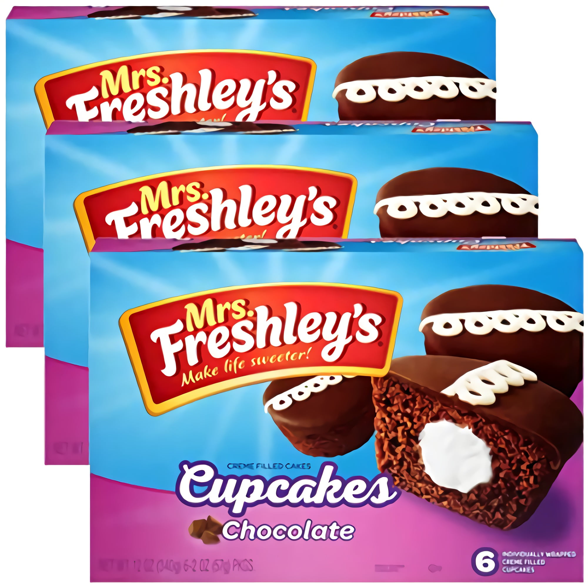 Chocolate Cream-Filled Iced Cupcakes by Mrs. Freshley's | Box of 6 | Pack o