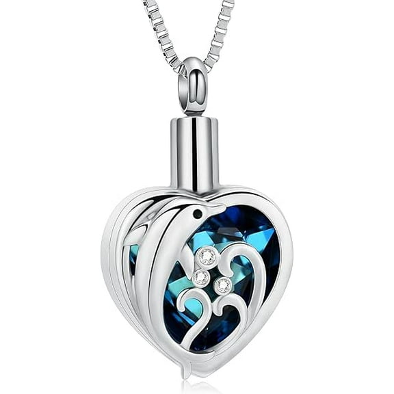 Dolphin Urn Necklace for Ashes Crystal Heart Cremation Jewelry for Human / Pet Heart Ashes Pendant Women Men Ashes Memorial Jewelry