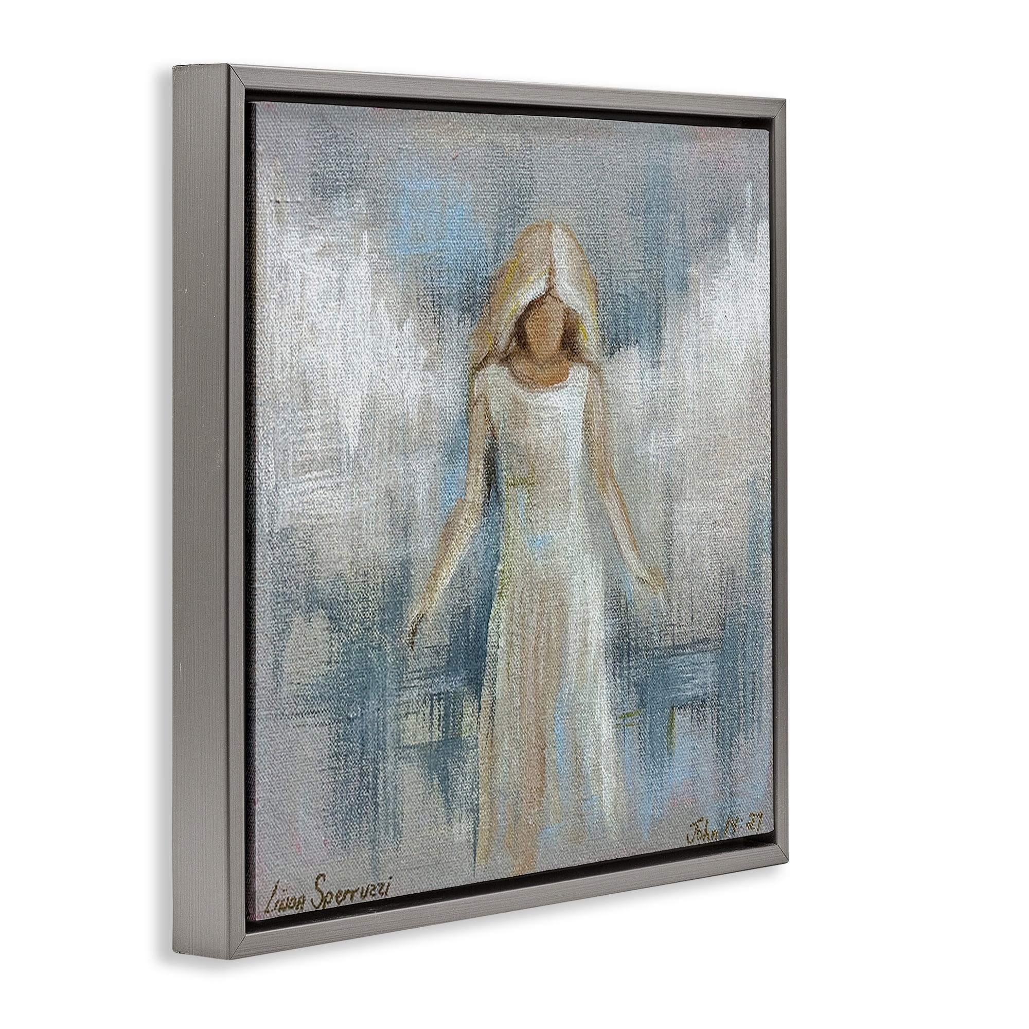 Stupell Industries Ethereal Peace Angel Gray Framed Floater Canvas Wall Art, design by Linda Sperruzzi
